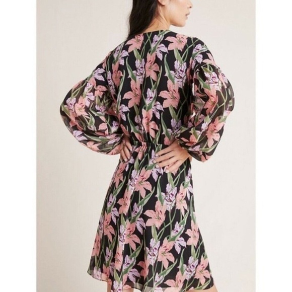 Anthropologie Aryessa Trellis Floral Wrap Dress Balloon Sleeve Small Black Pink - Picture 7 of 15